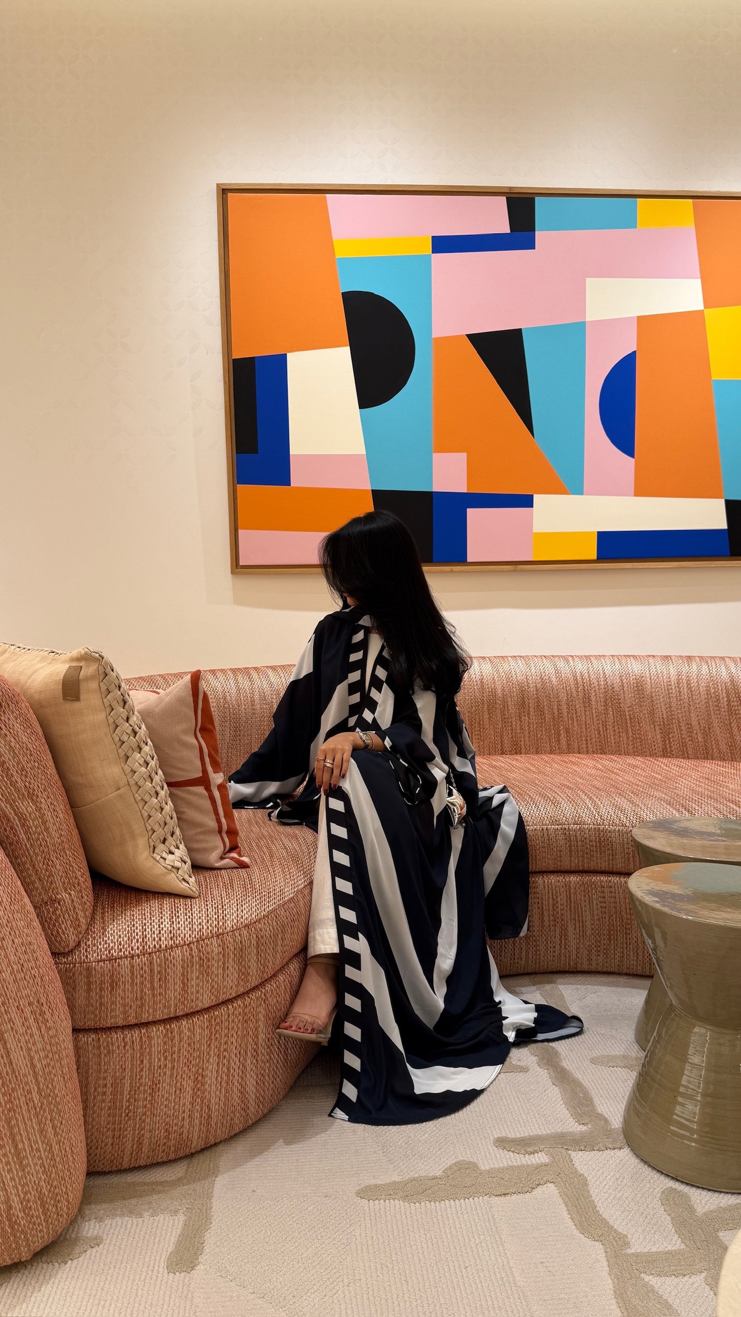 FAB303- Blue & Black Print Chiffon Silk A-Cut Abaya Set