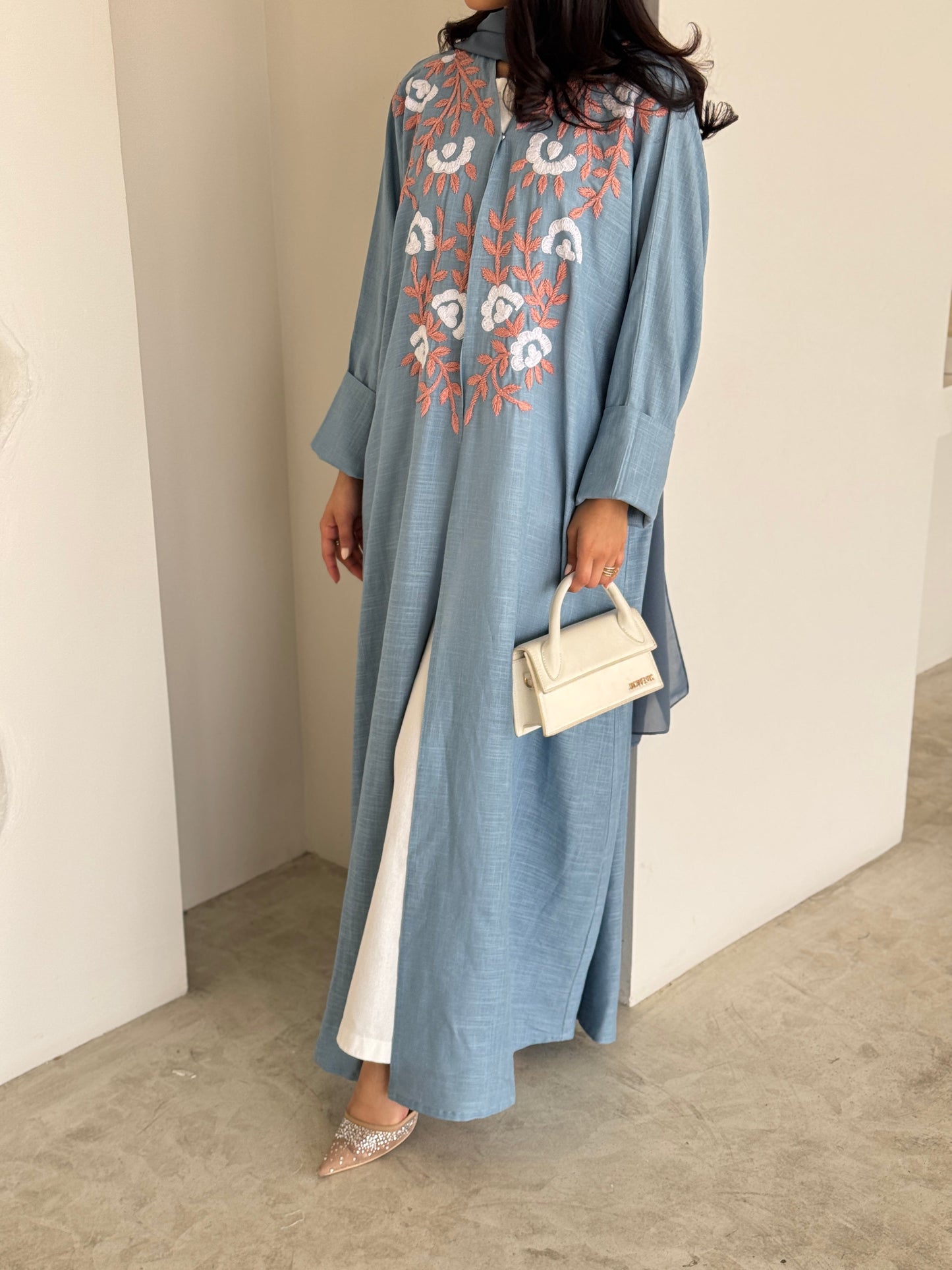FAB186- Blue Summer Linen - Half-bisht cut Abaya