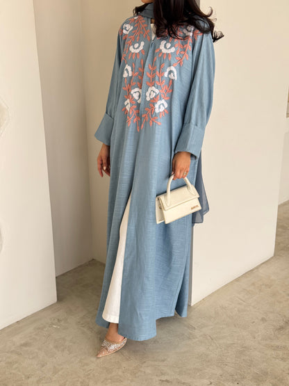 FAB186- Blue Summer Linen - Half-bisht cut Abaya
