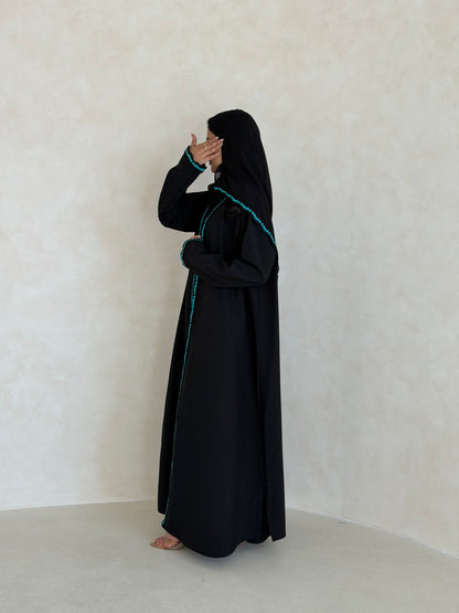 FAB347- Tiffany Crochet Black Crepe Klosh-Cut Abaya with Headscarf