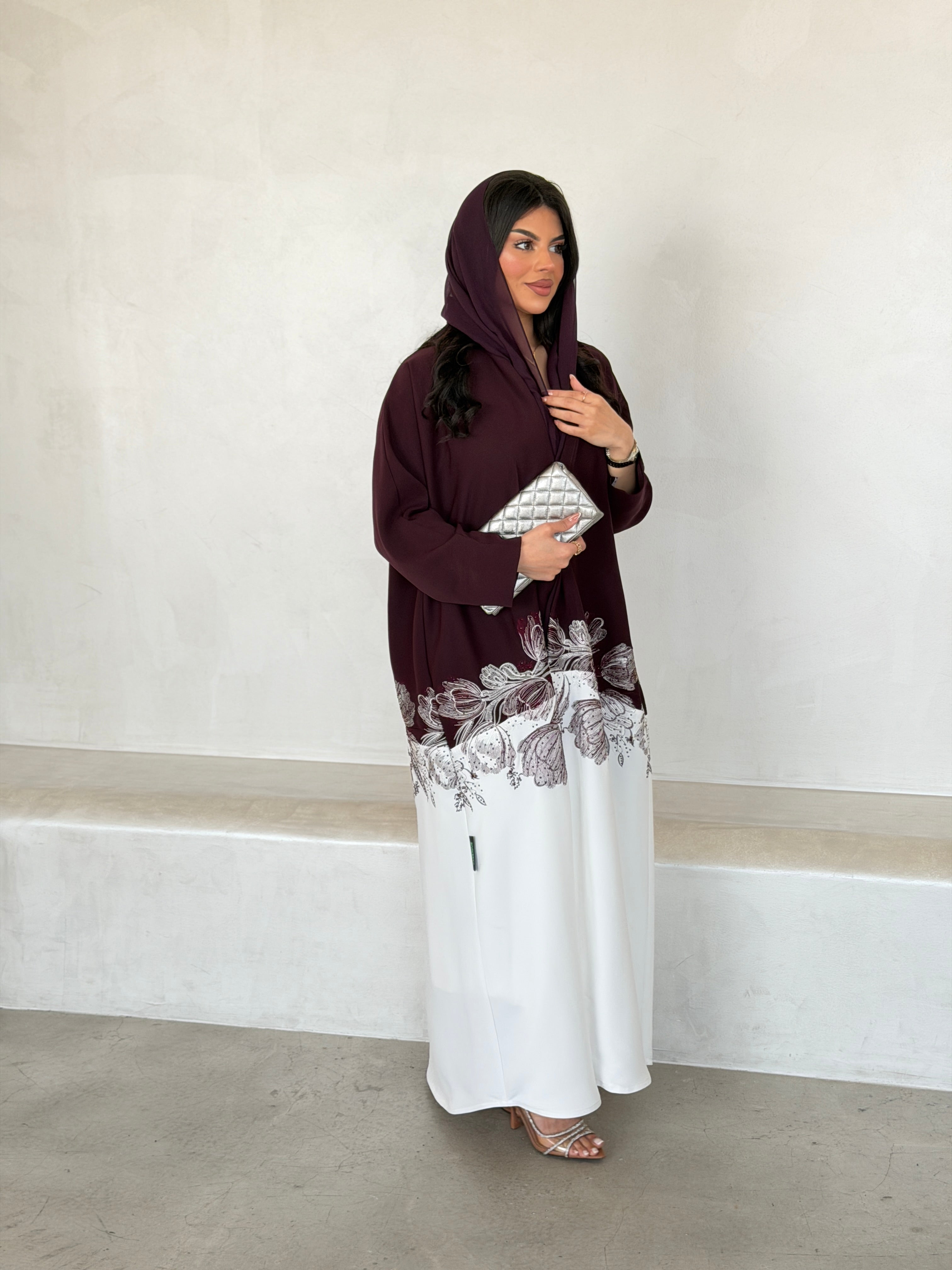 FAB293- Burgundy & White Crepe Crystal Embroidered Abaya