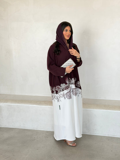 FAB293- Burgundy & White Crepe Crystal Embroidered Abaya