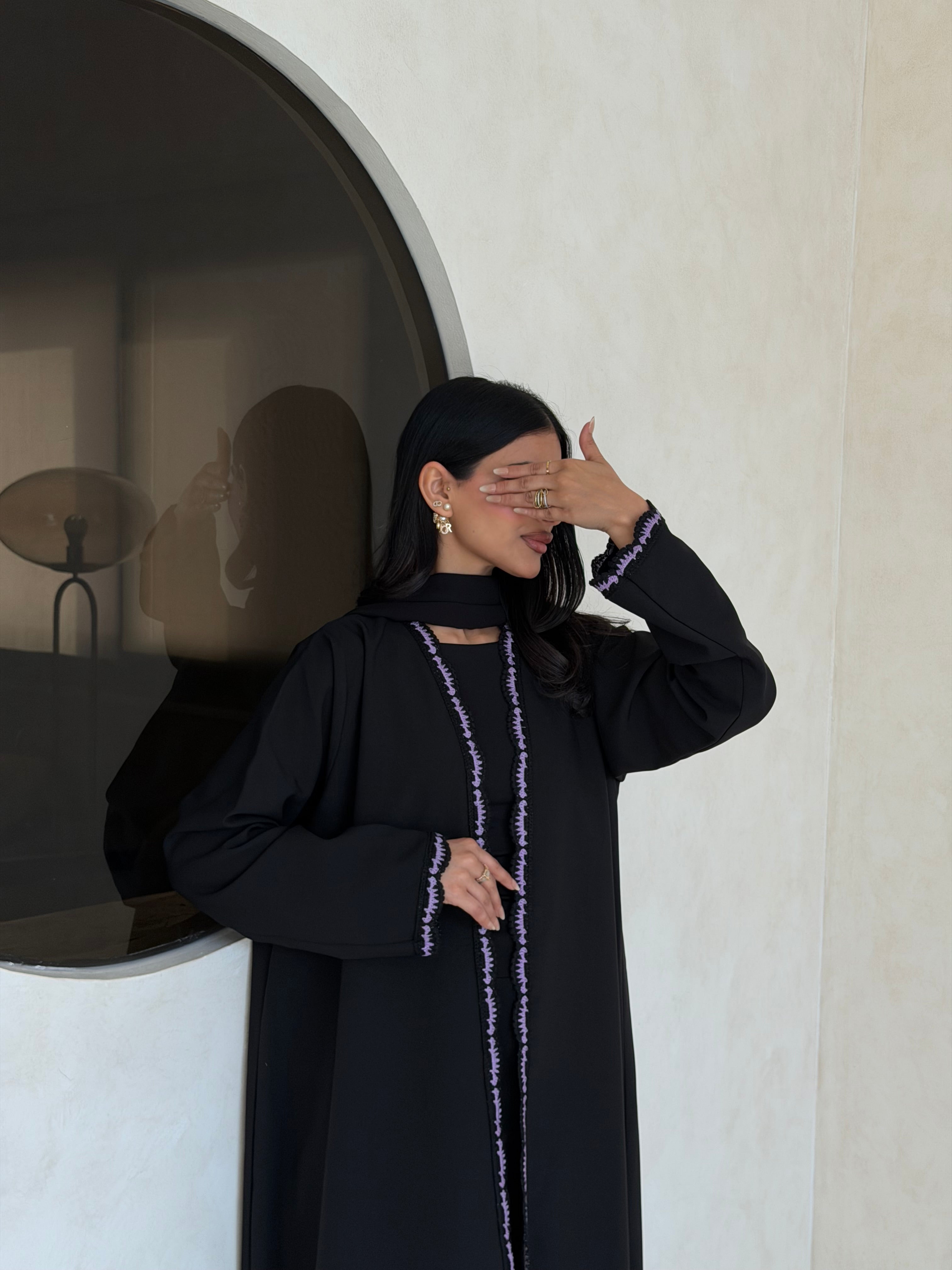 FAB348- Purple Crochet Black Crepe Klosh-Cut Abaya with Headscarf