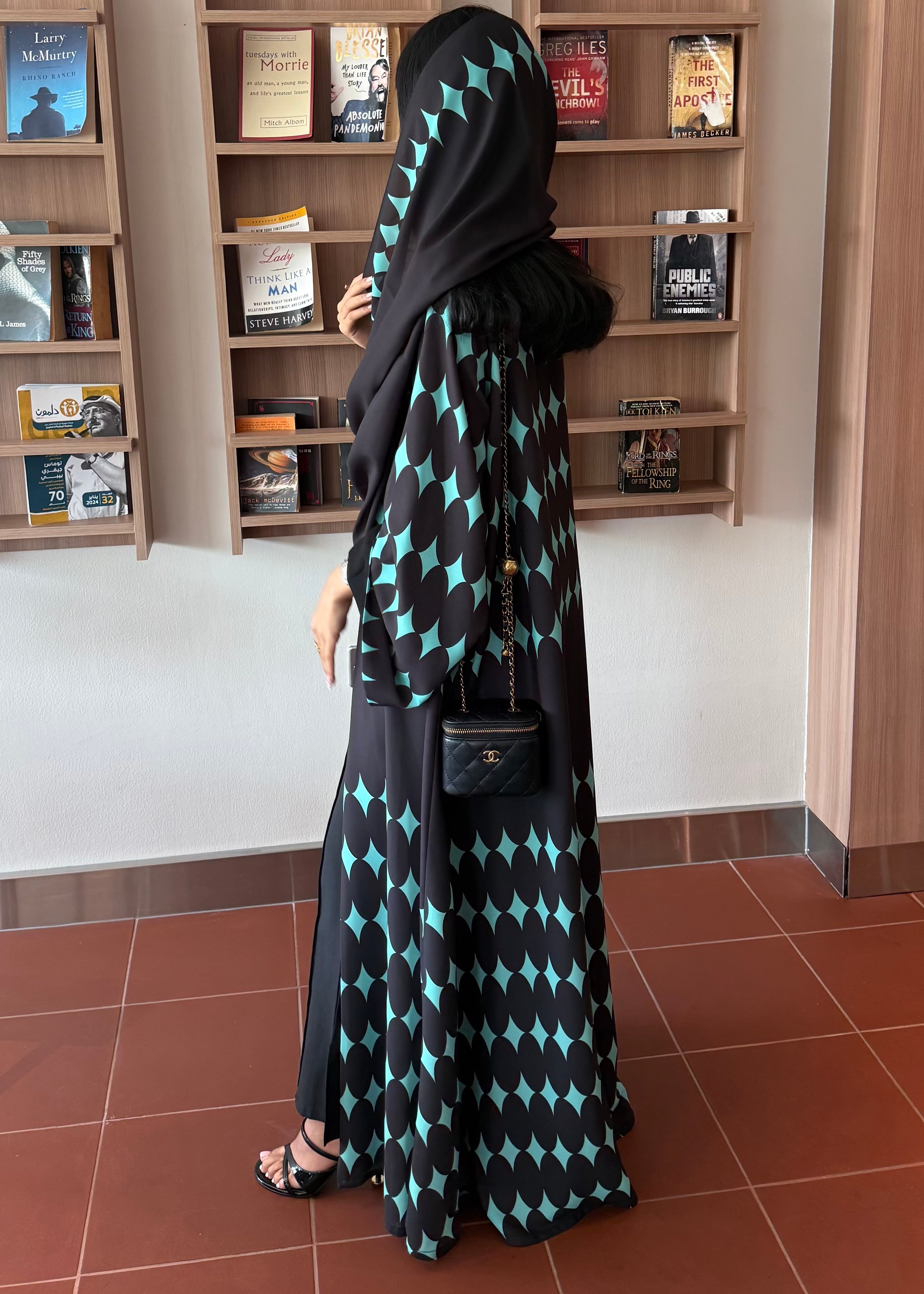 FAB333-Turquoise & Black Diamond Print Straight-Cut Abaya with Matching Headscarf