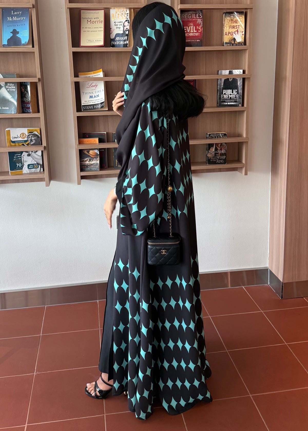 FAB333-Turquoise & Black Diamond Print Straight-Cut Abaya with Matching Headscarf