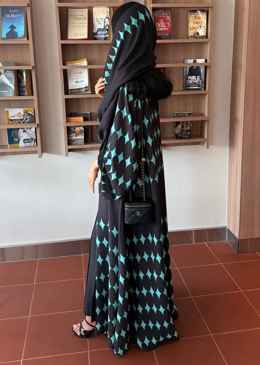 FAB334-Turquoise & Black Diamond Print Straight-Cut Abaya with Matching Headscarf