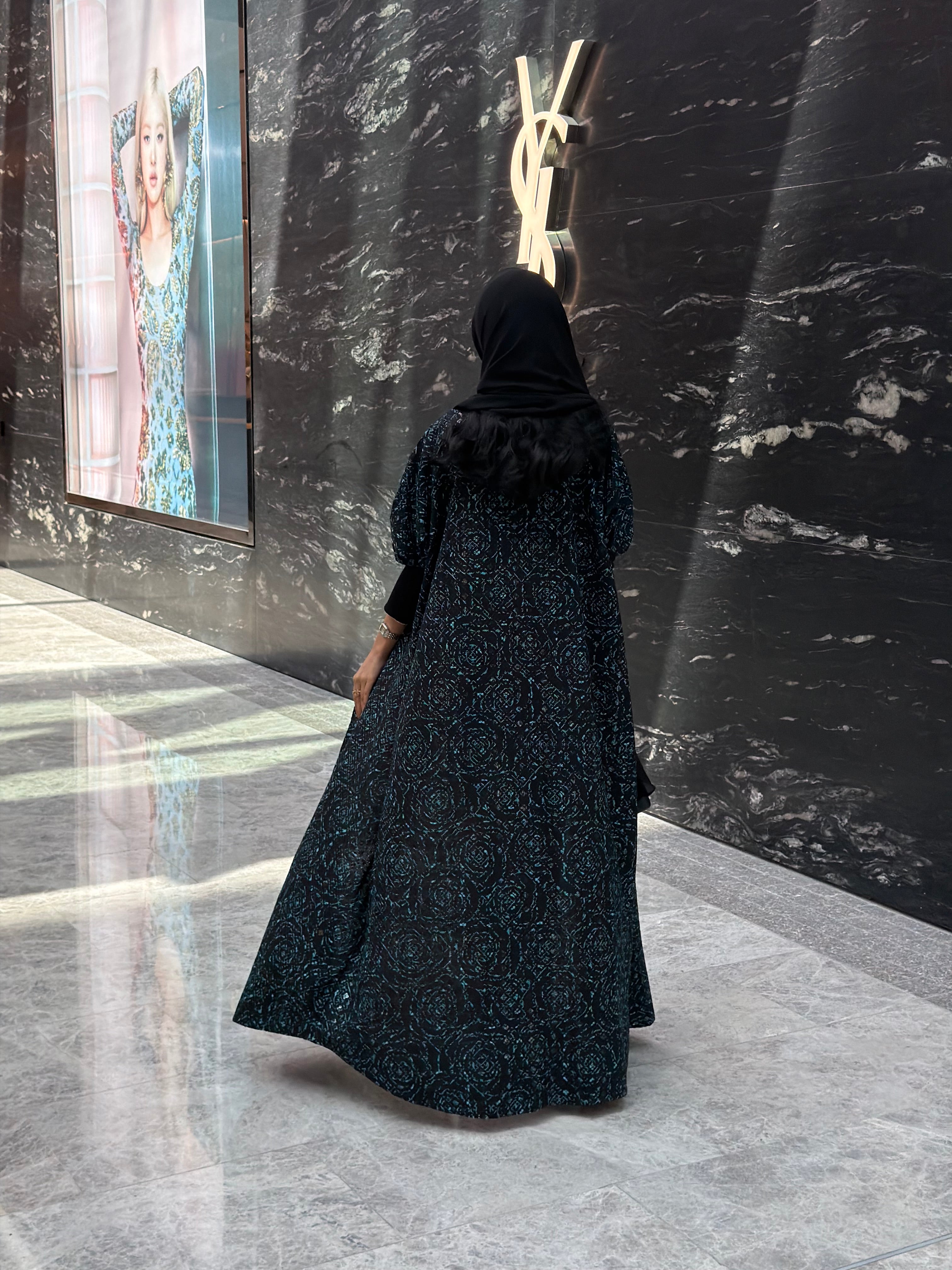 FAB341-Black Green Embroidery Half-Bisht Cut Abaya with Fitted Black Stretch Sleeves and matching headscarf