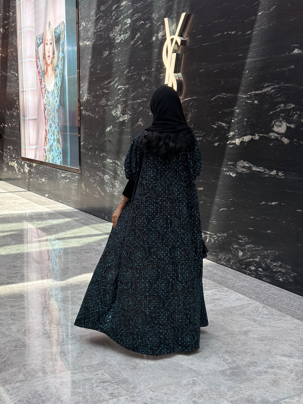 FAB341-Black Green Embroidery Half-Bisht Cut Abaya with Fitted Black Stretch Sleeves and matching headscarf