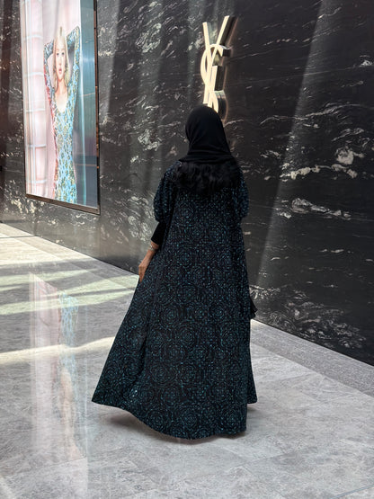 FAB341-Black Green Embroidery Half-Bisht Cut Abaya with Fitted Black Stretch Sleeves and matching headscarf