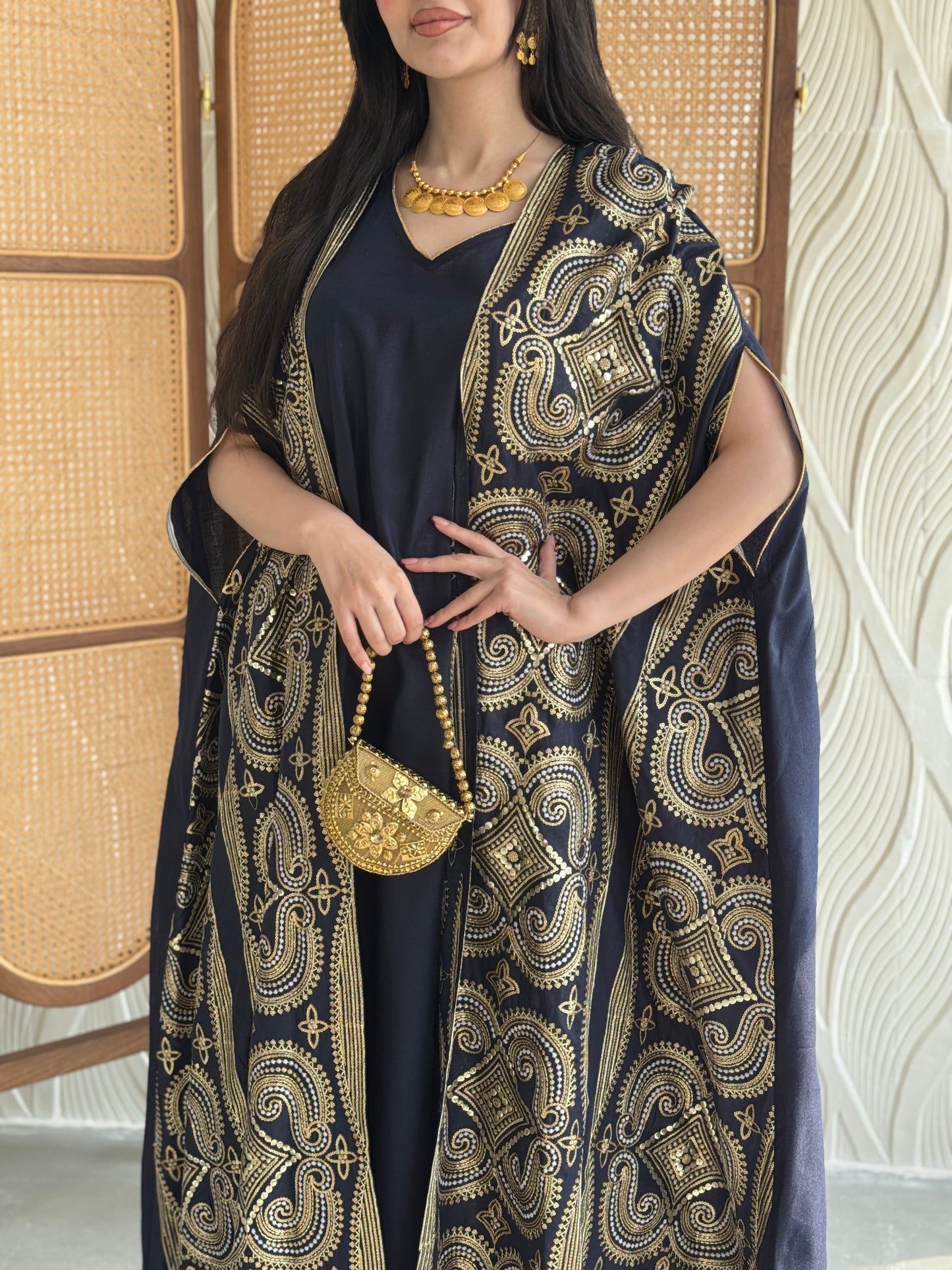 FAB276-Navy Two-Piece Linen Bisht Set, Detailed with Elegant Gold Embroidery