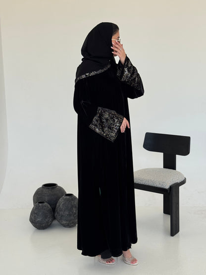 FAB244-Silver Metallic Black Velvet Abaya with Metallic pipping headscarf