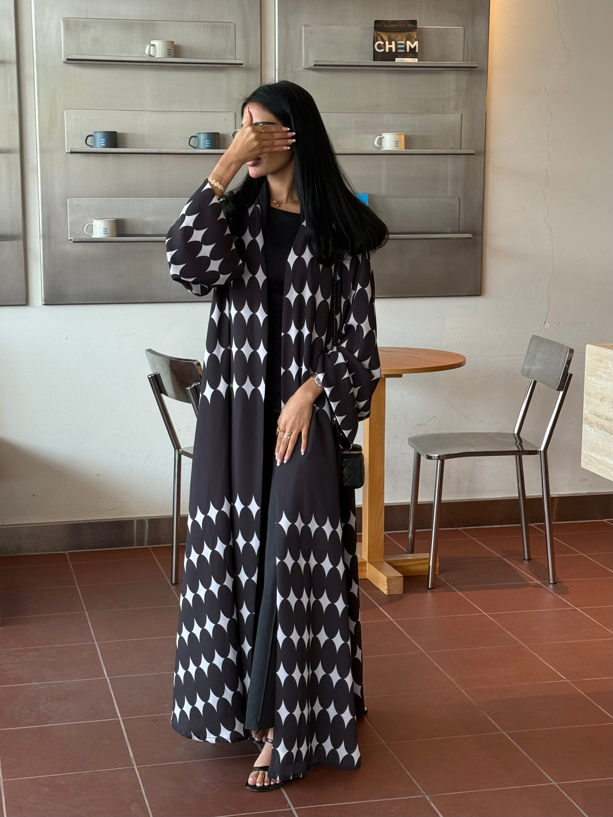 FAB334-White & Black Diamond Print Straight-Cut Abaya with Matching Headscarf