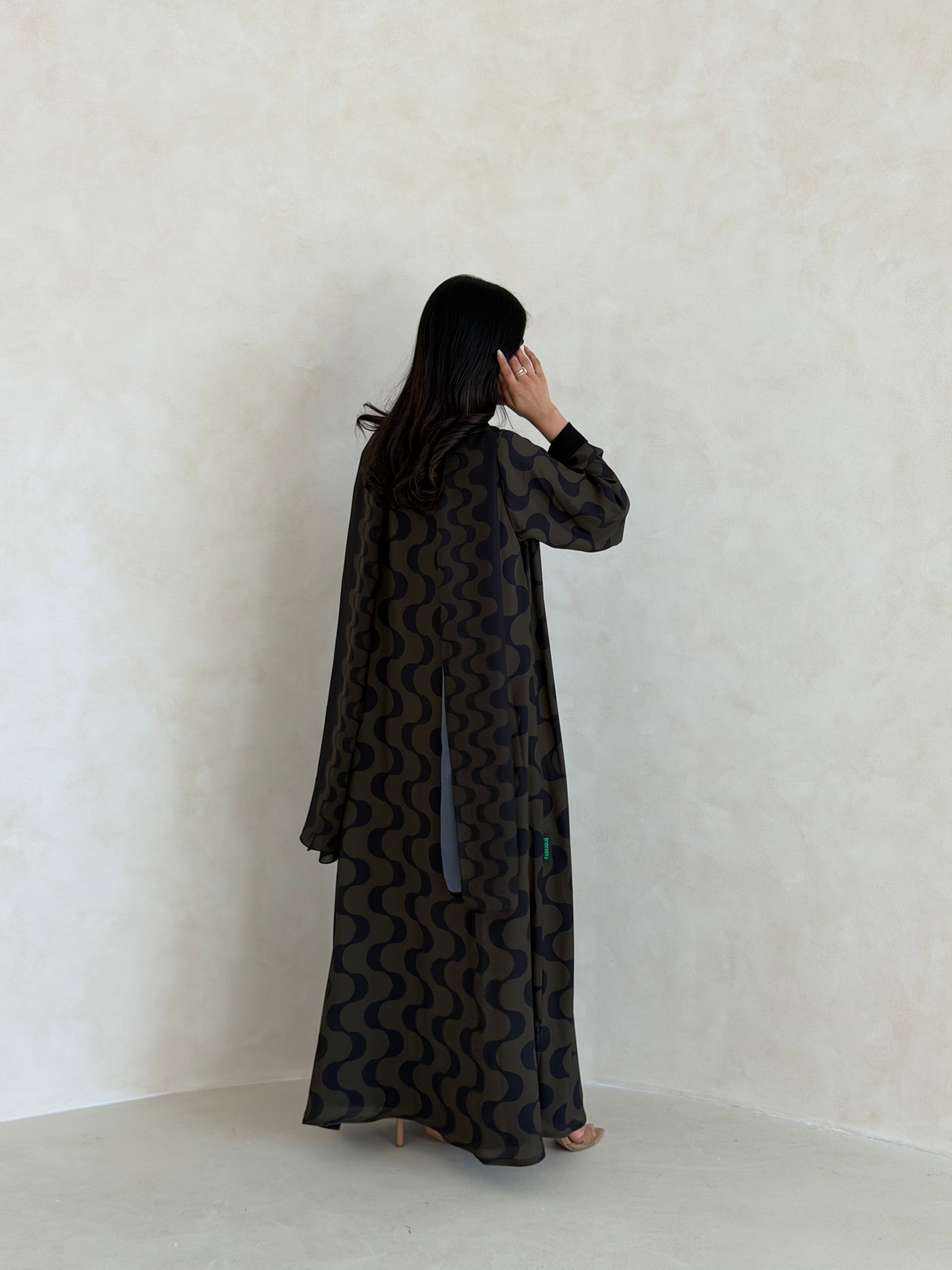 FAB343- Dark Olive and Black Waves Printed Straight-Cut Abaya and matching headscarf