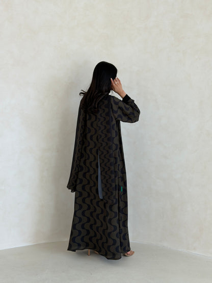 FAB343- Dark Olive and Black Waves Printed Straight-Cut Abaya and matching headscarf