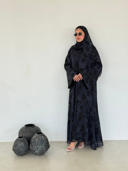 FAB216- Blue Printed A-Cut Shiffon Abaya Set