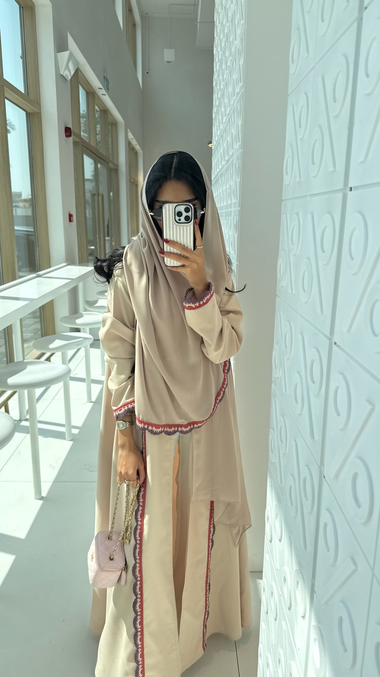 FAB325- Beige Pink Crochet Crepe A-Cut Abaya with matching headscarf