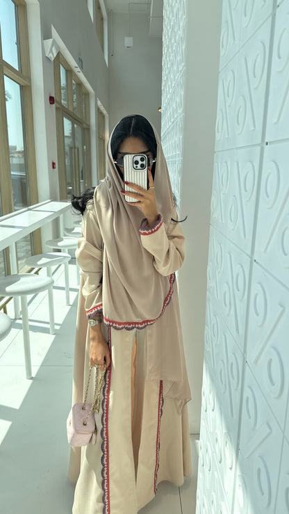 FAB325- Beige Pink Crochet Crepe A-Cut Abaya with matching headscarf