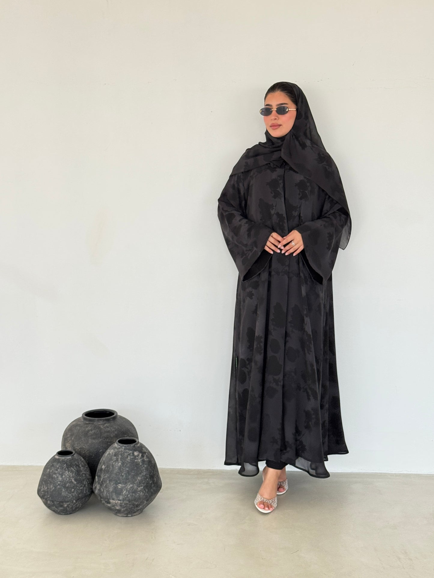FAB214- Black Grey Printed A-Cut Shiffon Abaya Set