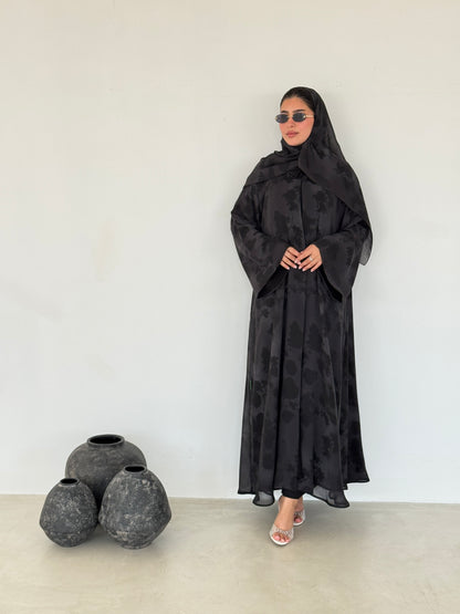 FAB214- Black Grey Printed A-Cut Shiffon Abaya Set