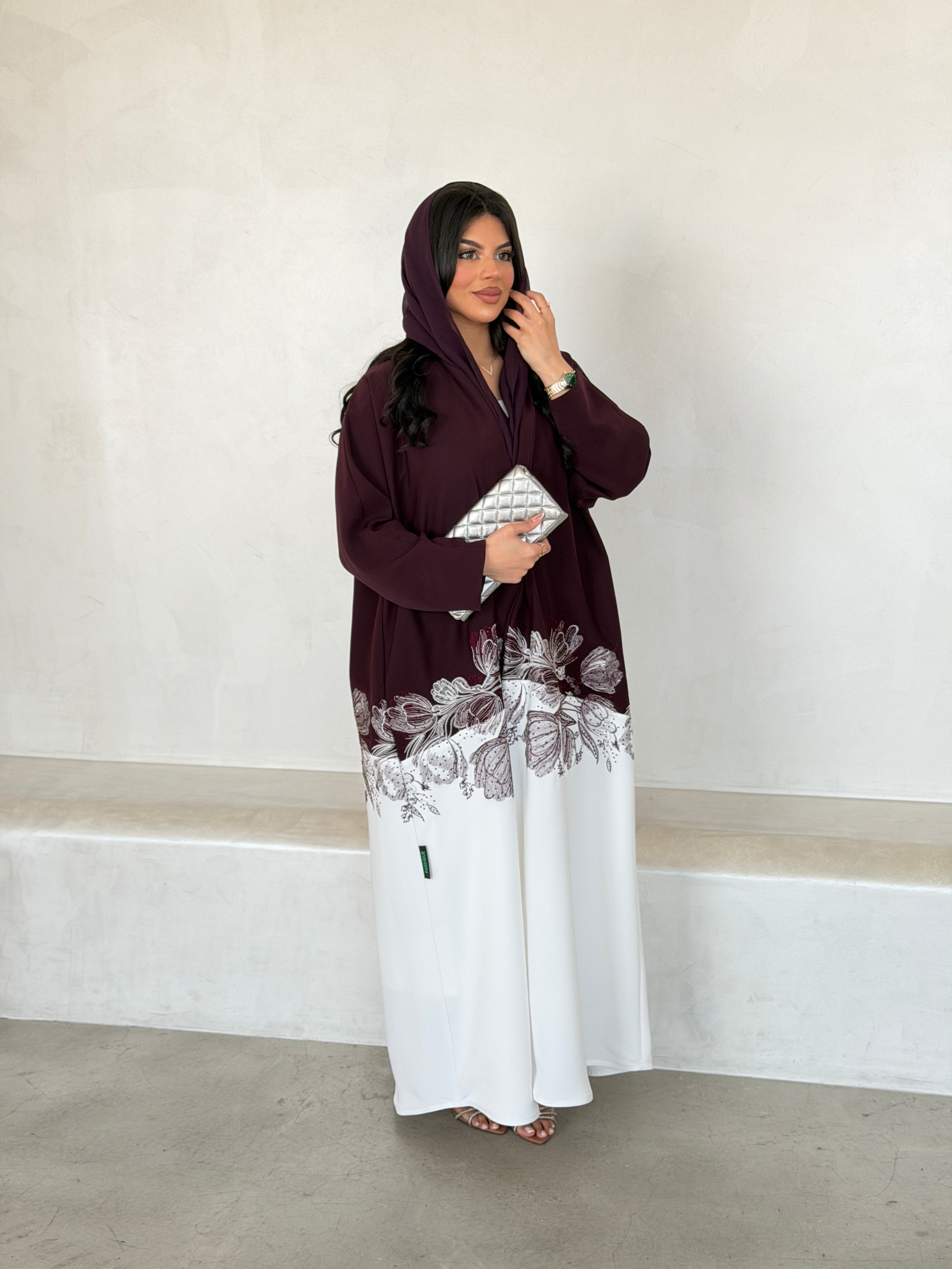 FAB293- Burgundy & White Crepe Crystal Embroidered Abaya