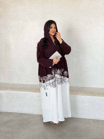 FAB293- Burgundy & White Crepe Crystal Embroidered Abaya