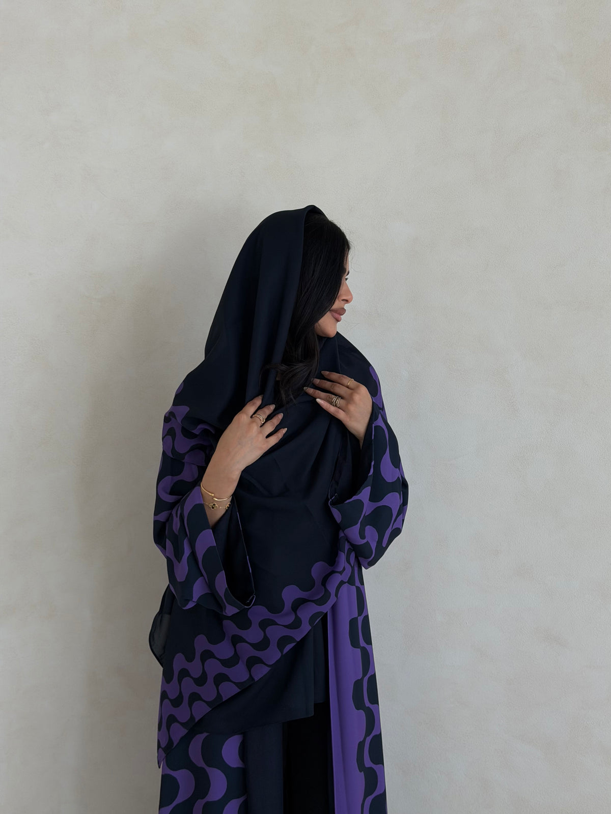 FAB345- Purple Blue Waves Printed Straight-Cut Abaya and matching headscarf