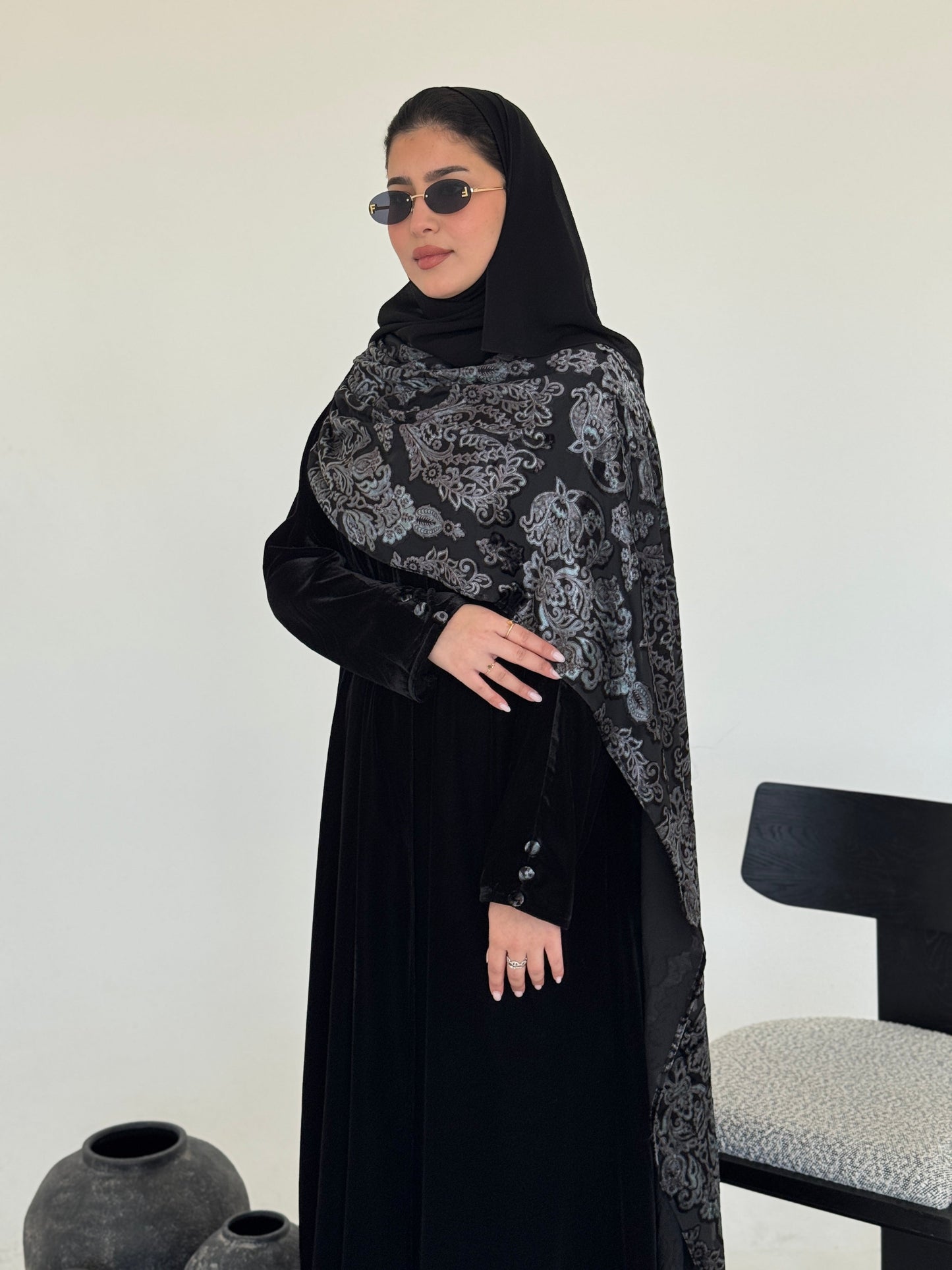 FAB230- Black Velvet Abaya with Grey Velvet Chiffon Shawl with matching headscarf