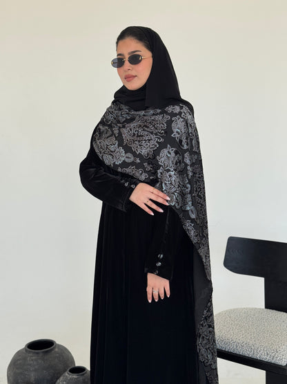 FAB230- Black Velvet Abaya with Grey Velvet Chiffon Shawl with matching headscarf
