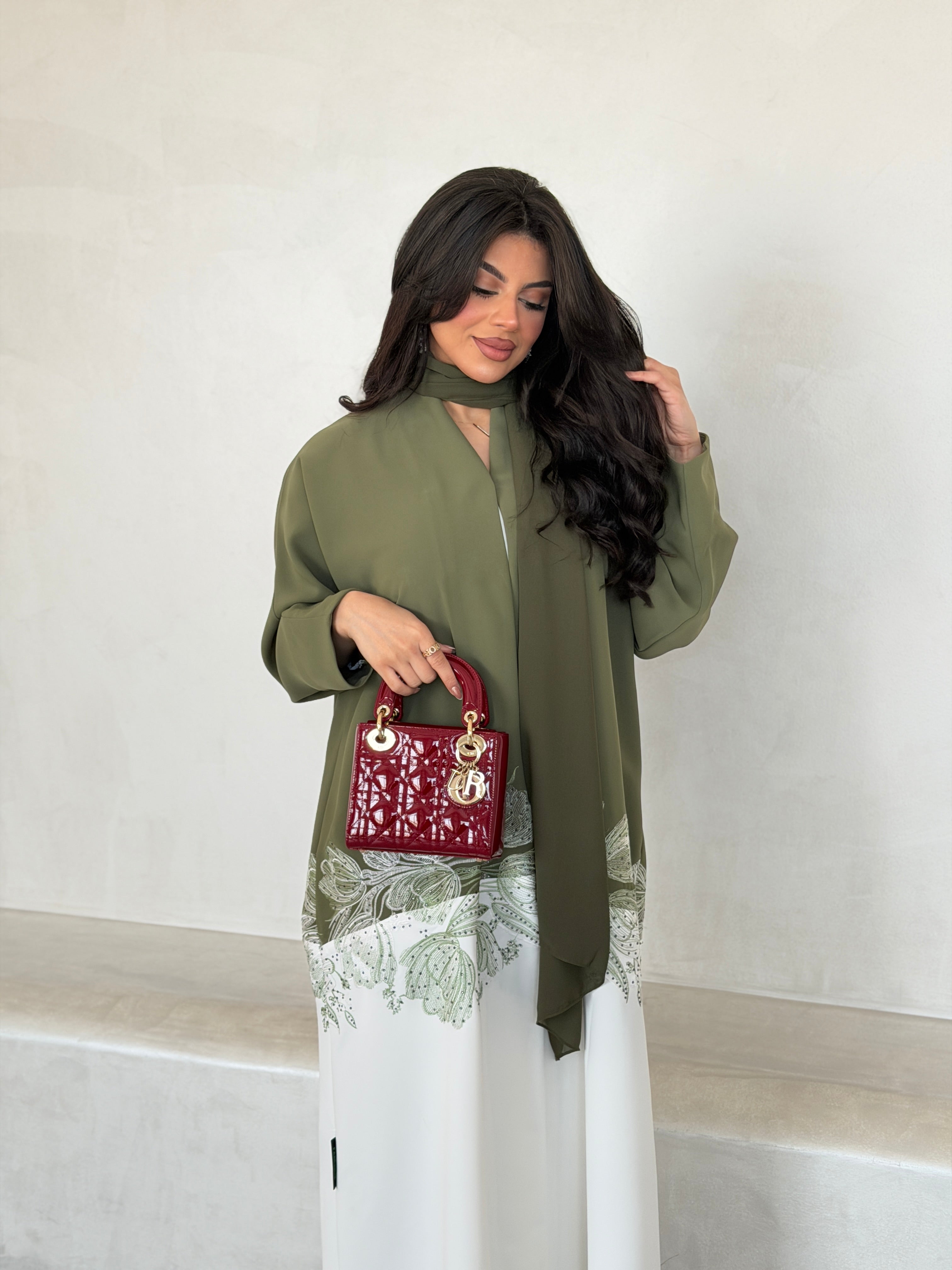 FAB294- Light Green & White Crepe Crystal Embroidered Abaya