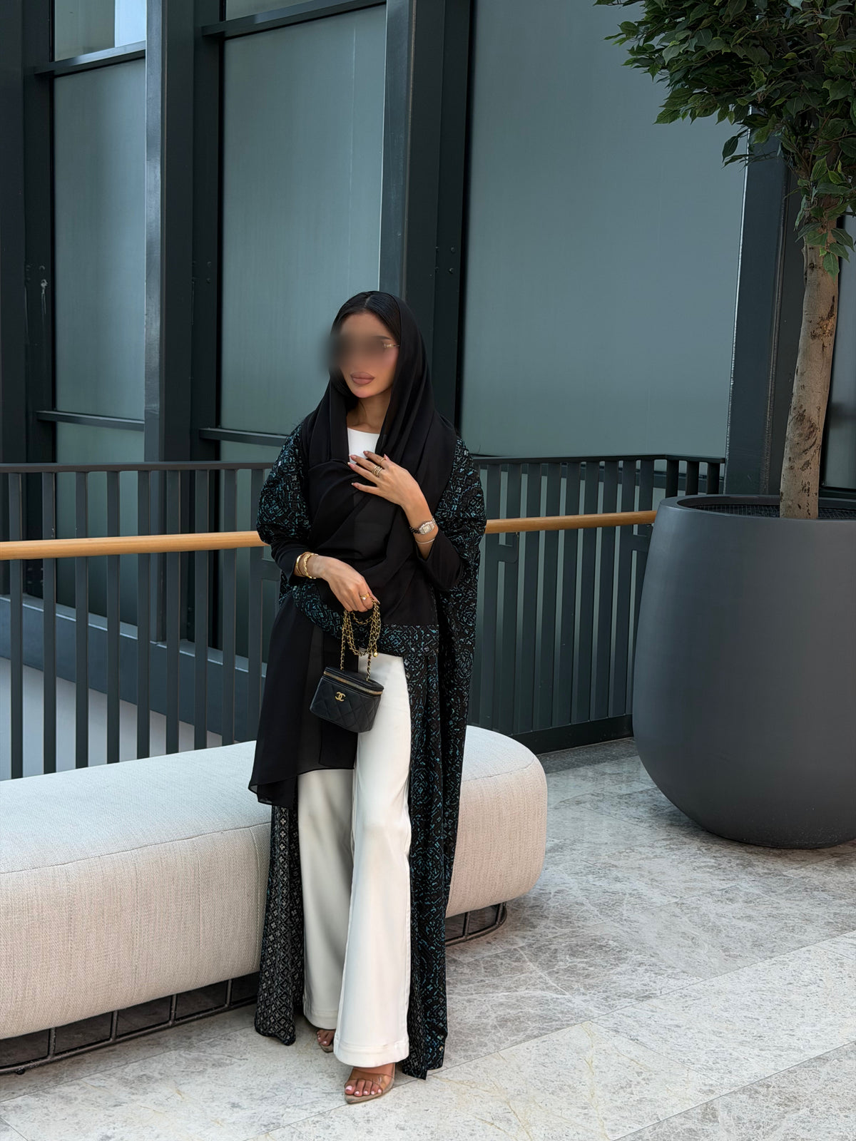 FAB341-Black Green Embroidery Half-Bisht Cut Abaya with Fitted Black Stretch Sleeves and matching headscarf