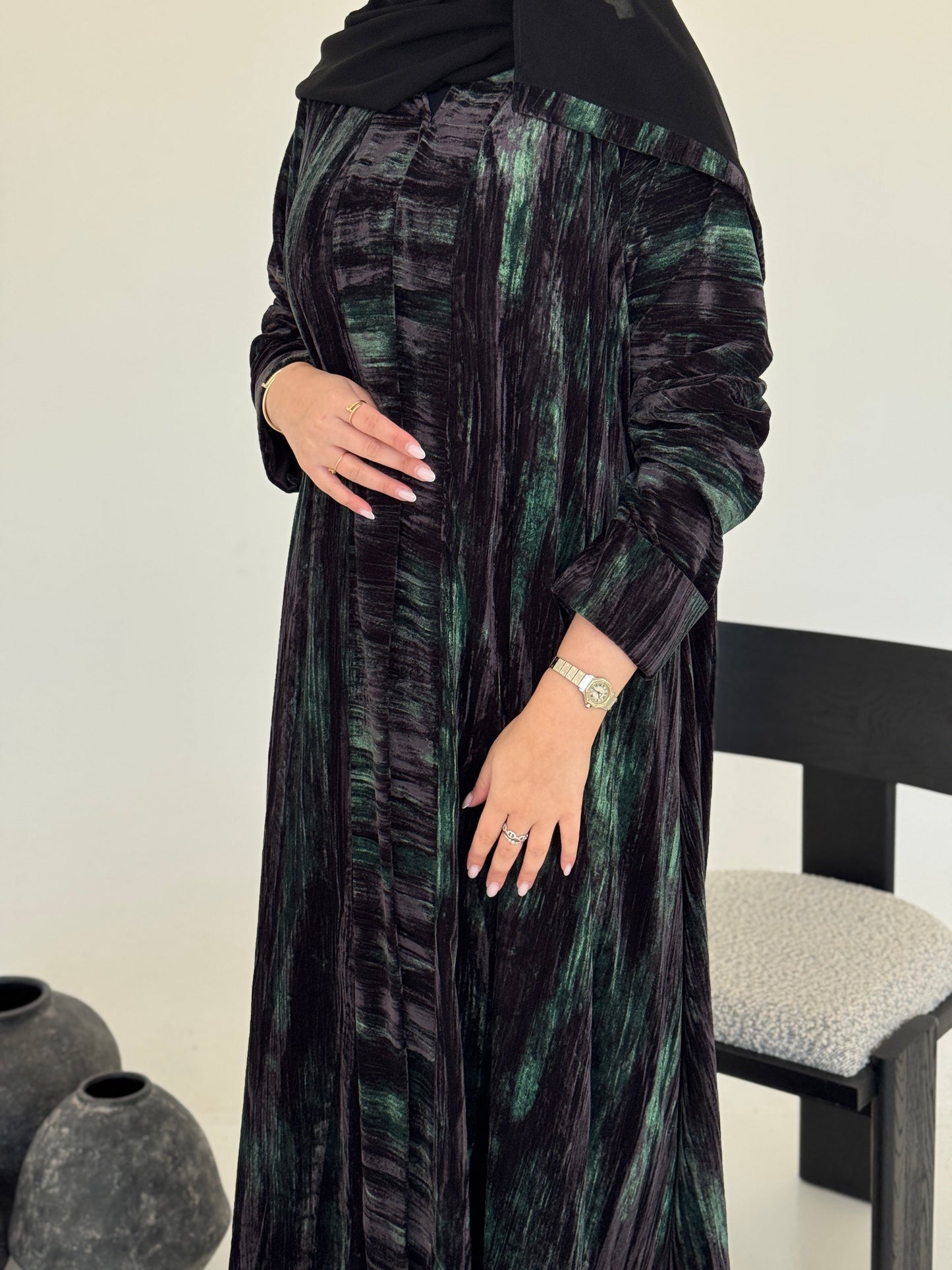 FAB236- Black & Green Marble Velvet A-Cut Abaya