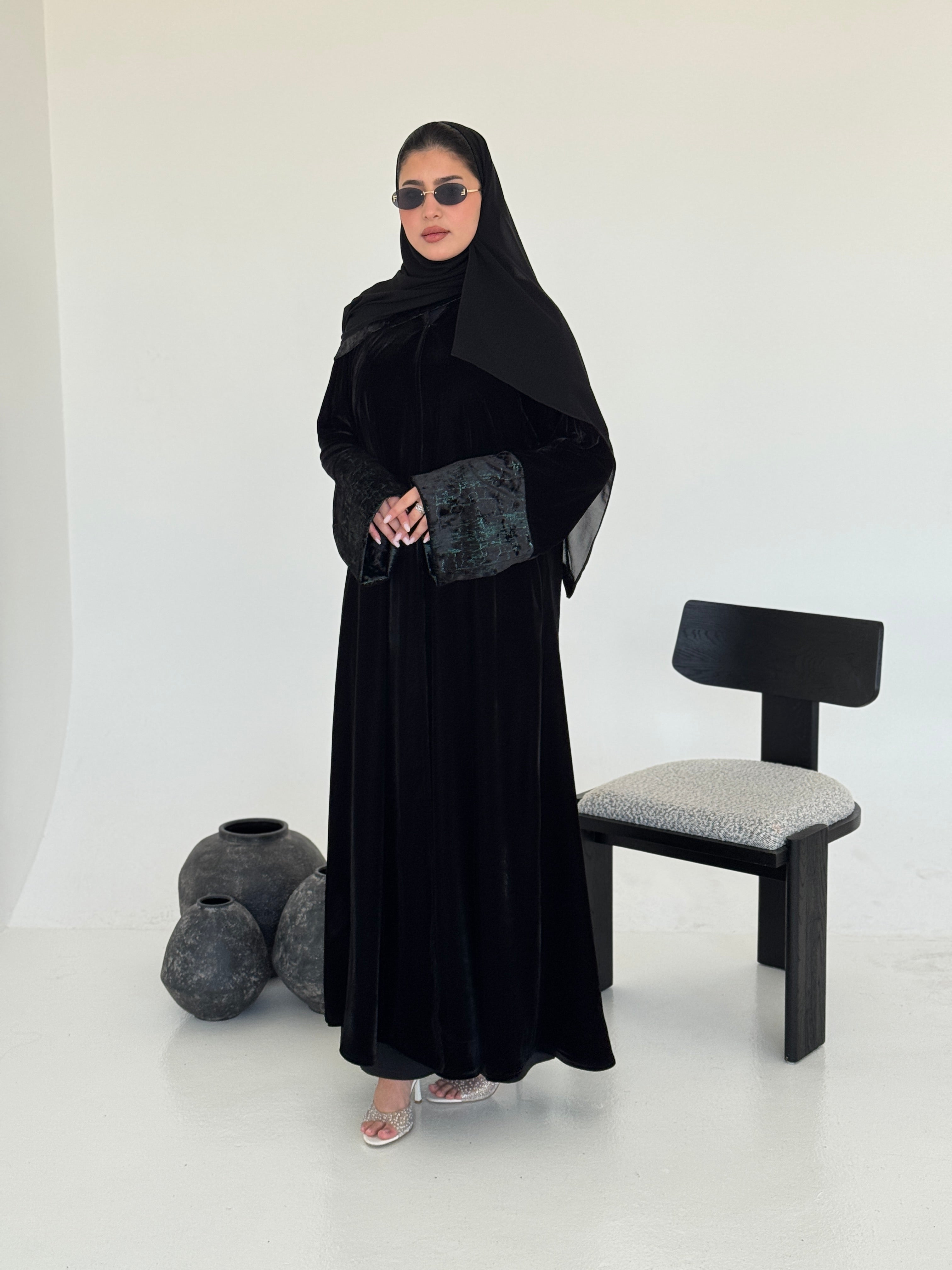 FAB246-Green Metallic Black Velvet Abaya with Metallic pipping headscarf