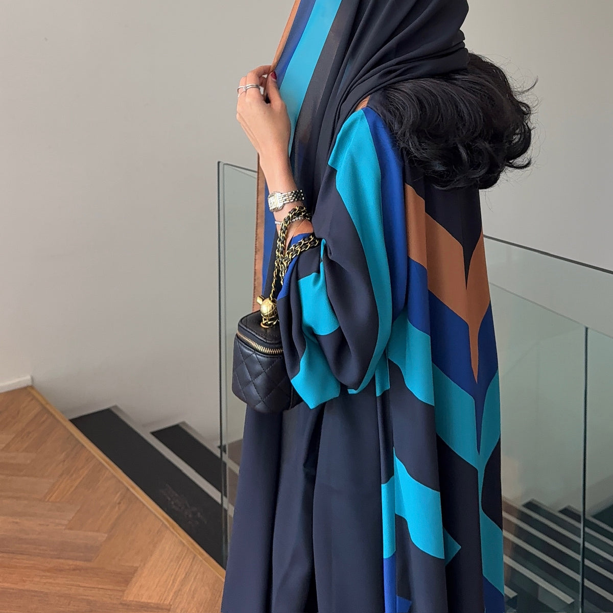 FAB328- Turqoise mustard printed Rainbow straight-cut abaya with matching headscarf