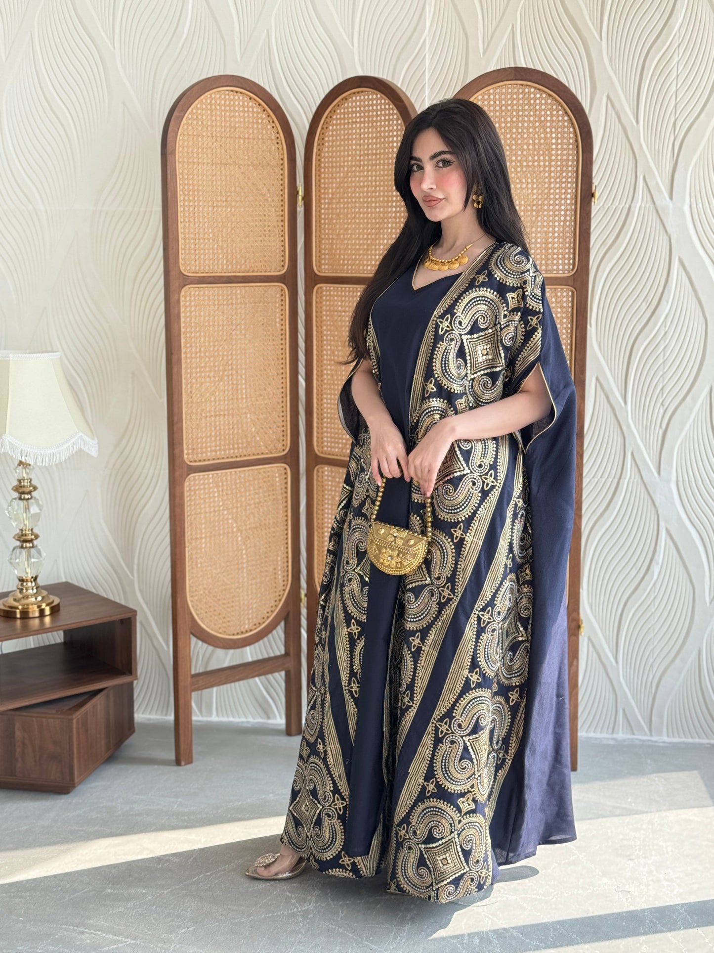 FAB276-Navy Two-Piece Linen Bisht Set, Detailed with Elegant Gold Embroidery