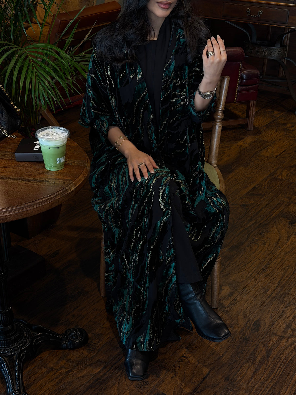 FAB351-Green and Black Chiffon Half Bisht-Cut Abaya with Velvet Shimmer Print and Black Headscarf