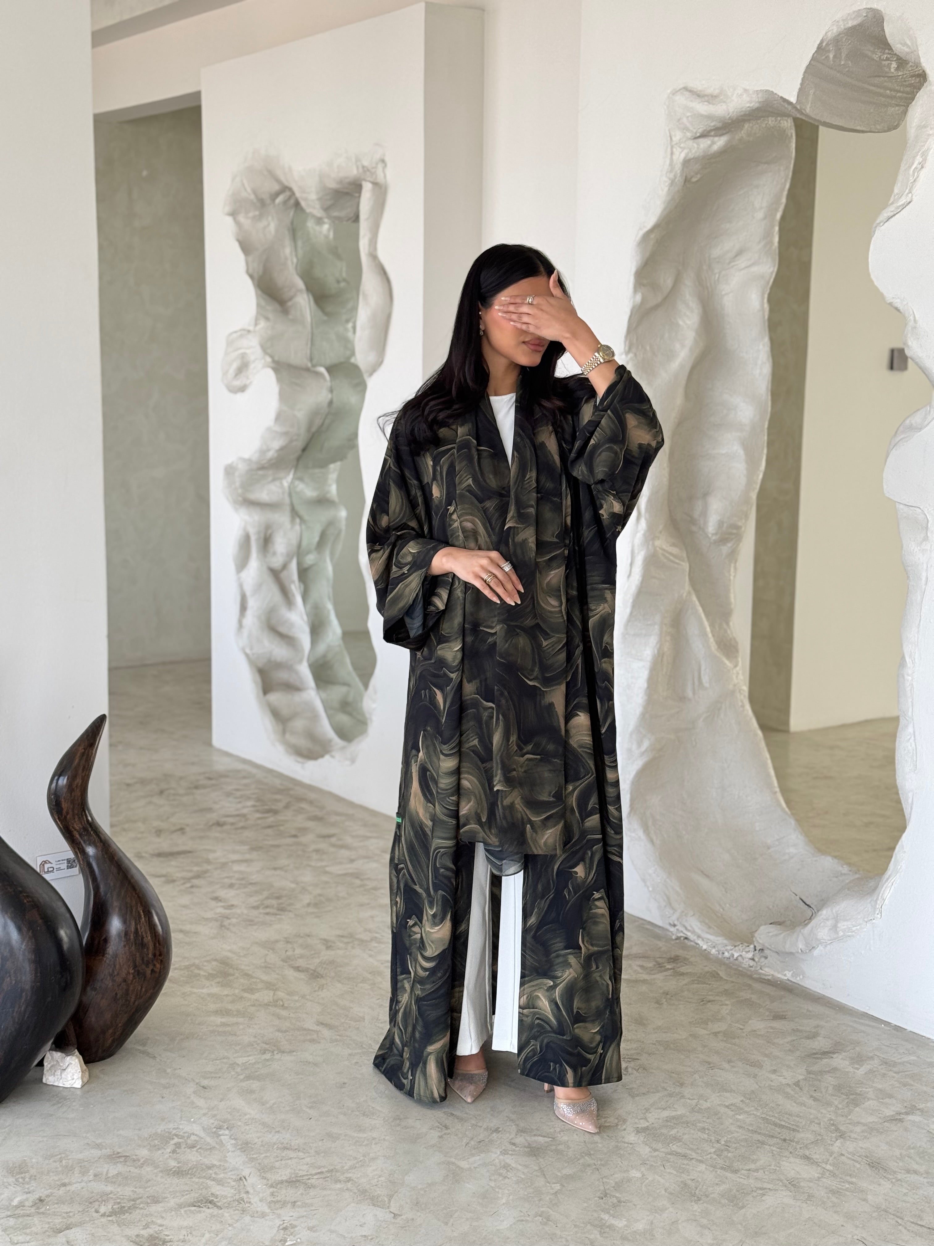 FAB172- Green Pattern Crepe Summer Abaya with matching headscarf