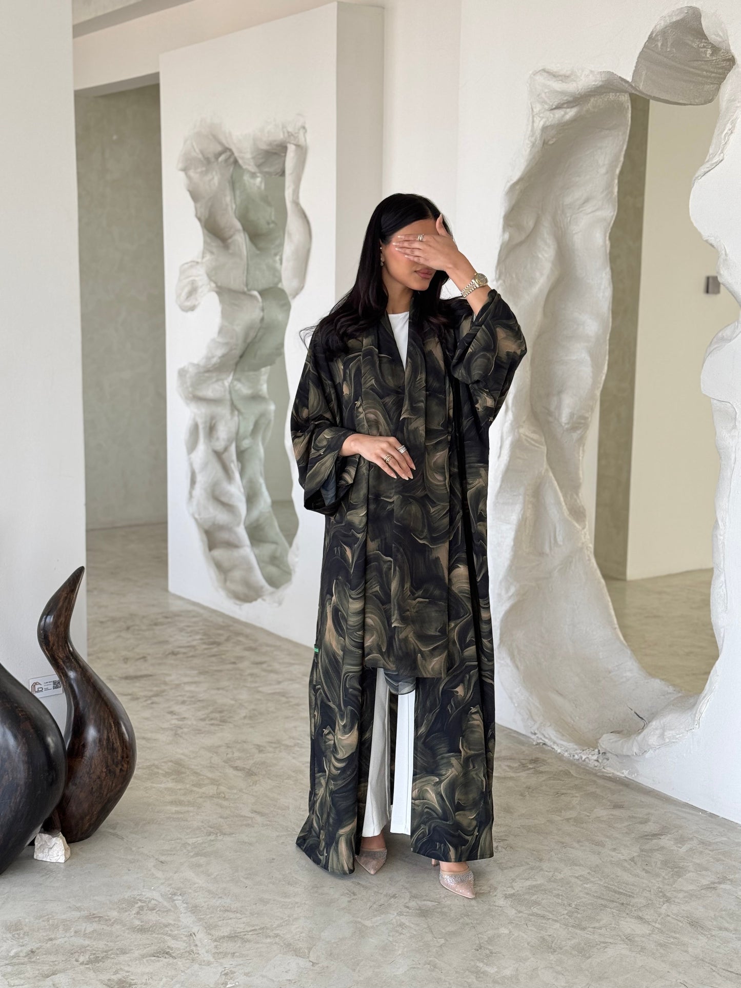 FAB172- Green Pattern Crepe Summer Abaya with matching headscarf