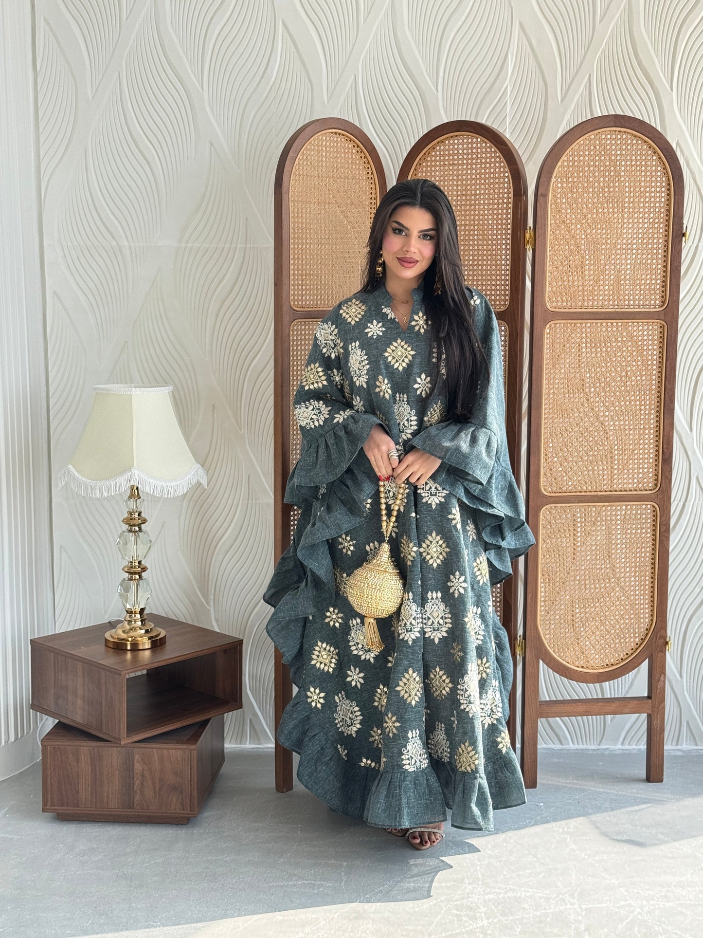FAB272-Green Linen Embroidered Butterfly-Cut Jalabiya with Ruffled Sleeves