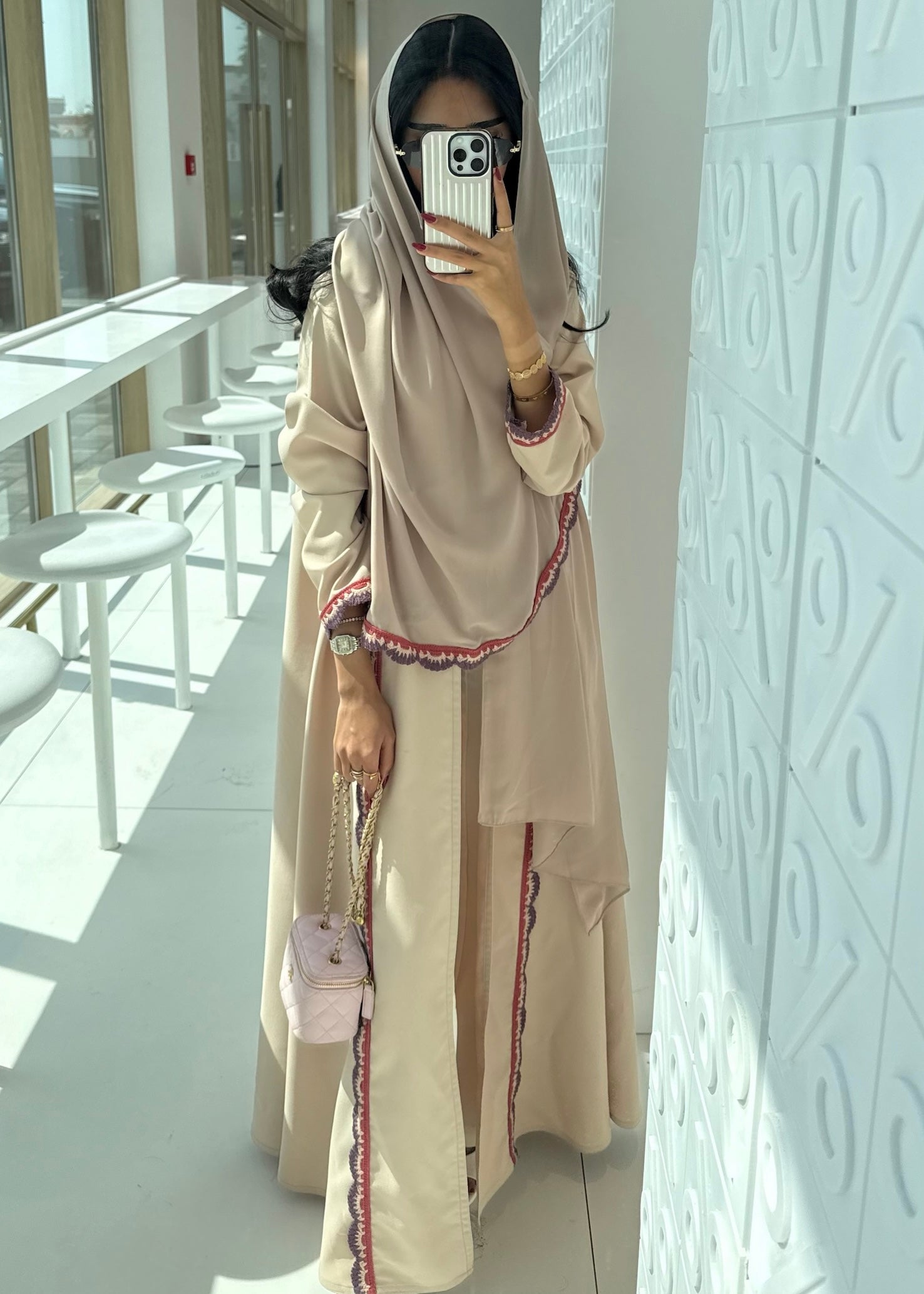 FAB325- Beige Pink Crochet Crepe A-Cut Abaya with matching headscarf