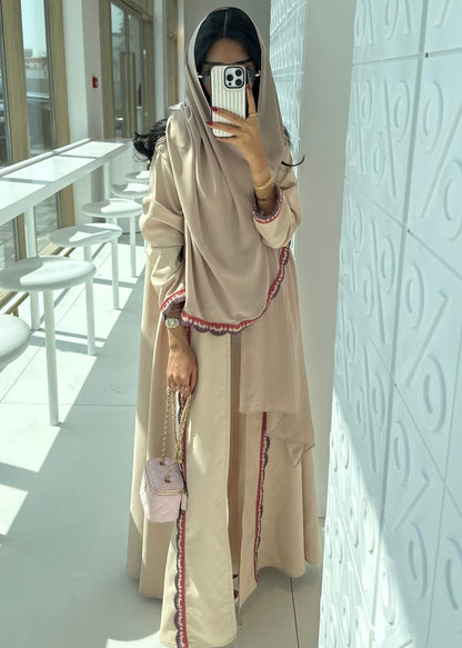 FAB325- Beige Pink Crochet Crepe A-Cut Abaya with matching headscarf
