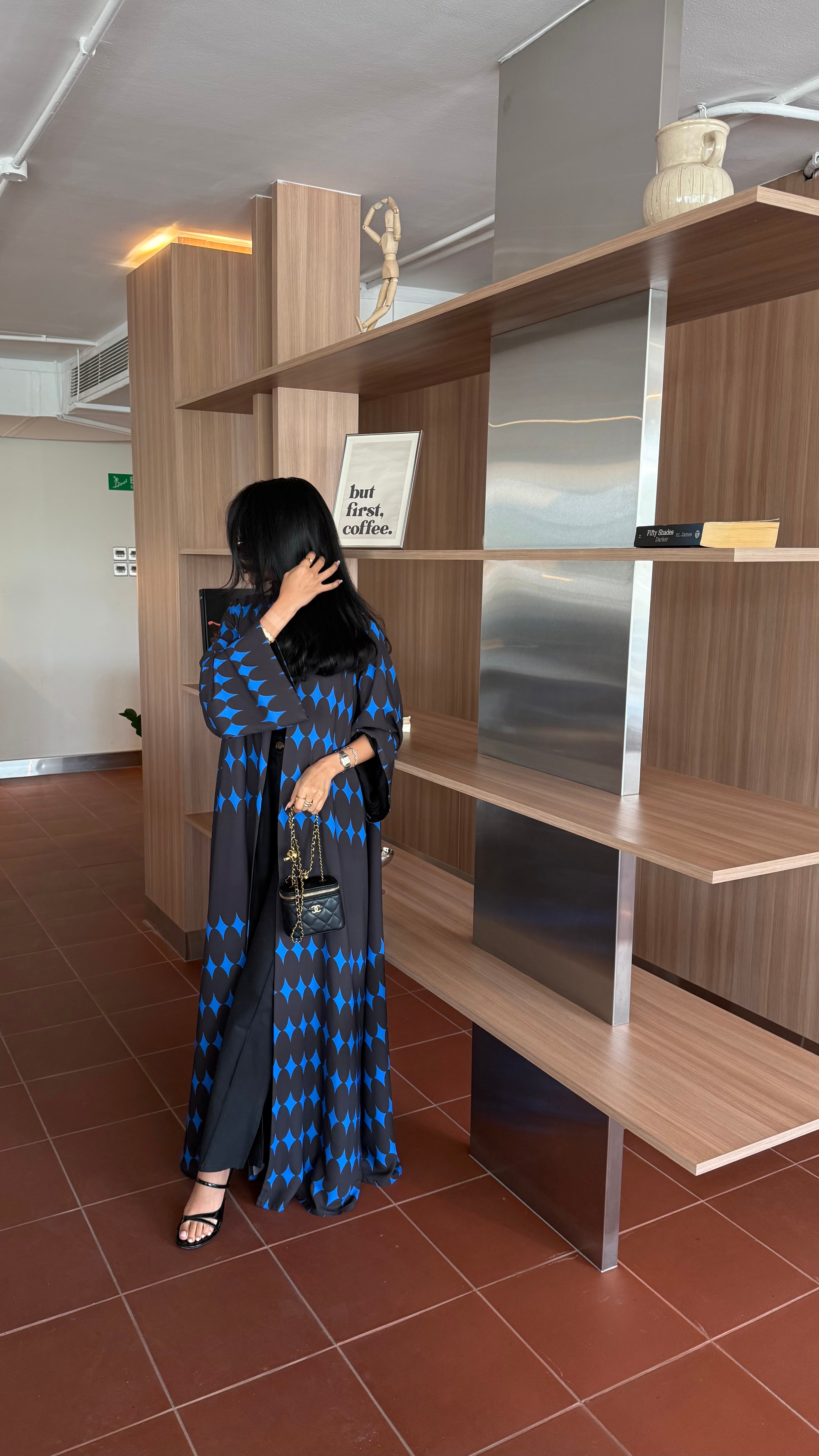 FAB336-Blue & Black Diamond Print Straight-Cut Abaya with Matching Headscarf