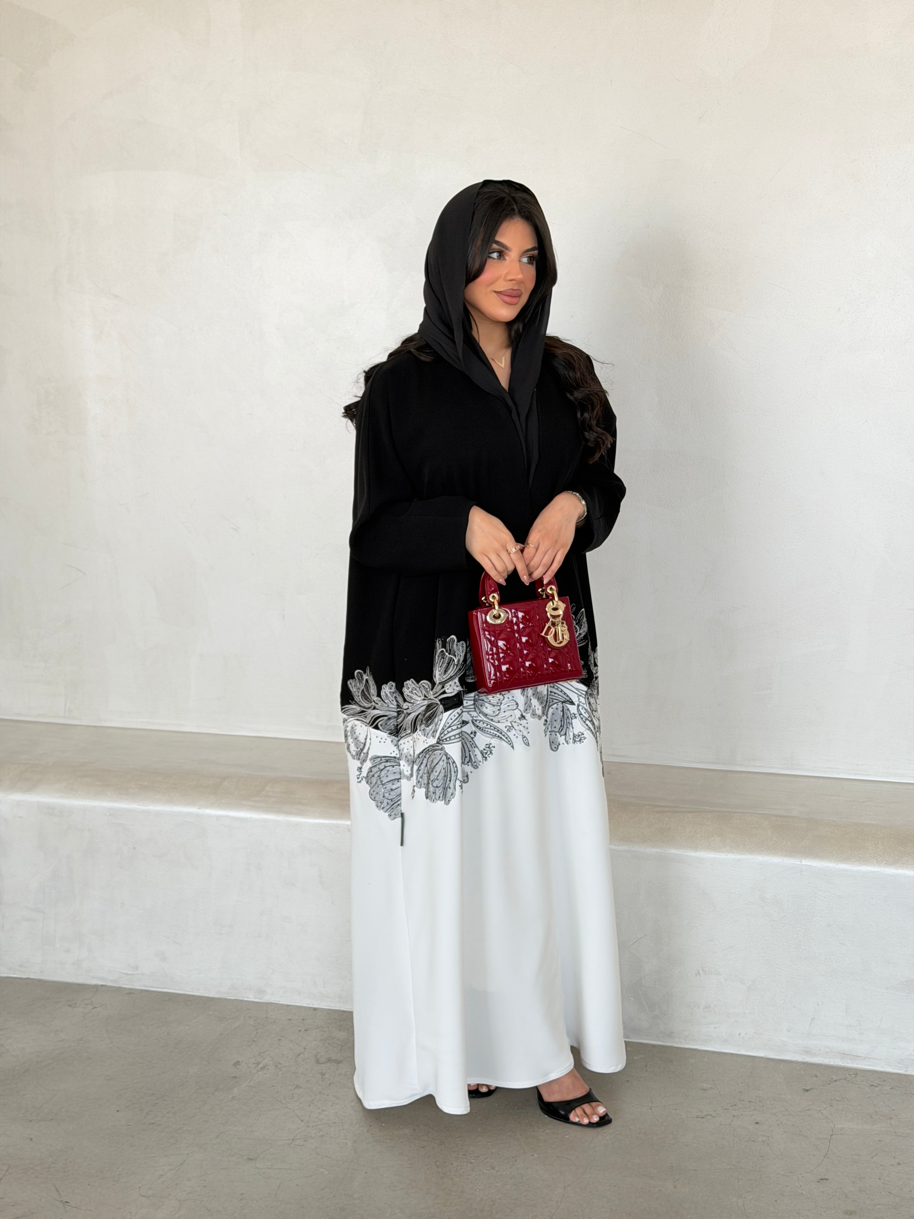 FAB292- Black & White Crepe Crystal Embroidered Abaya