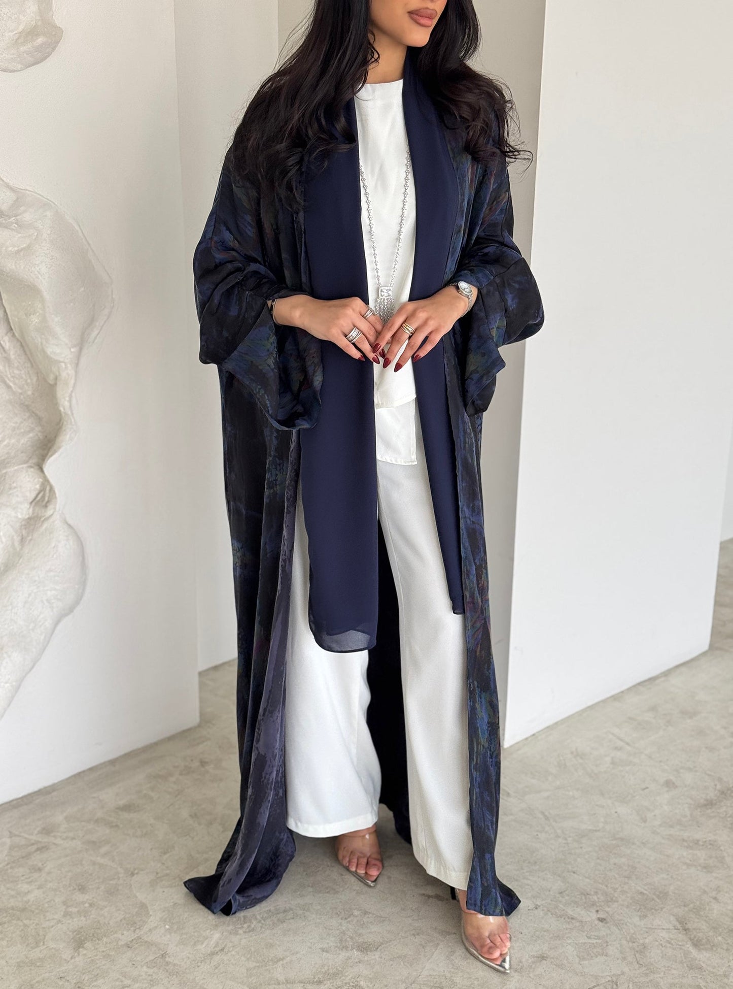 FAB156- Blue Swirl Marble Jacquard A-Cut Abaya
