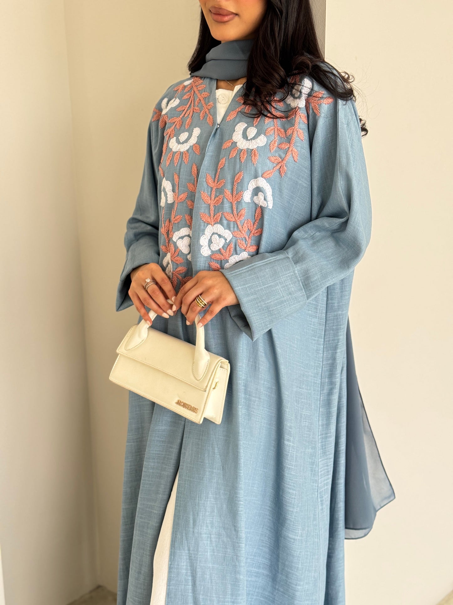FAB186- Blue Summer Linen - Half-bisht cut Abaya