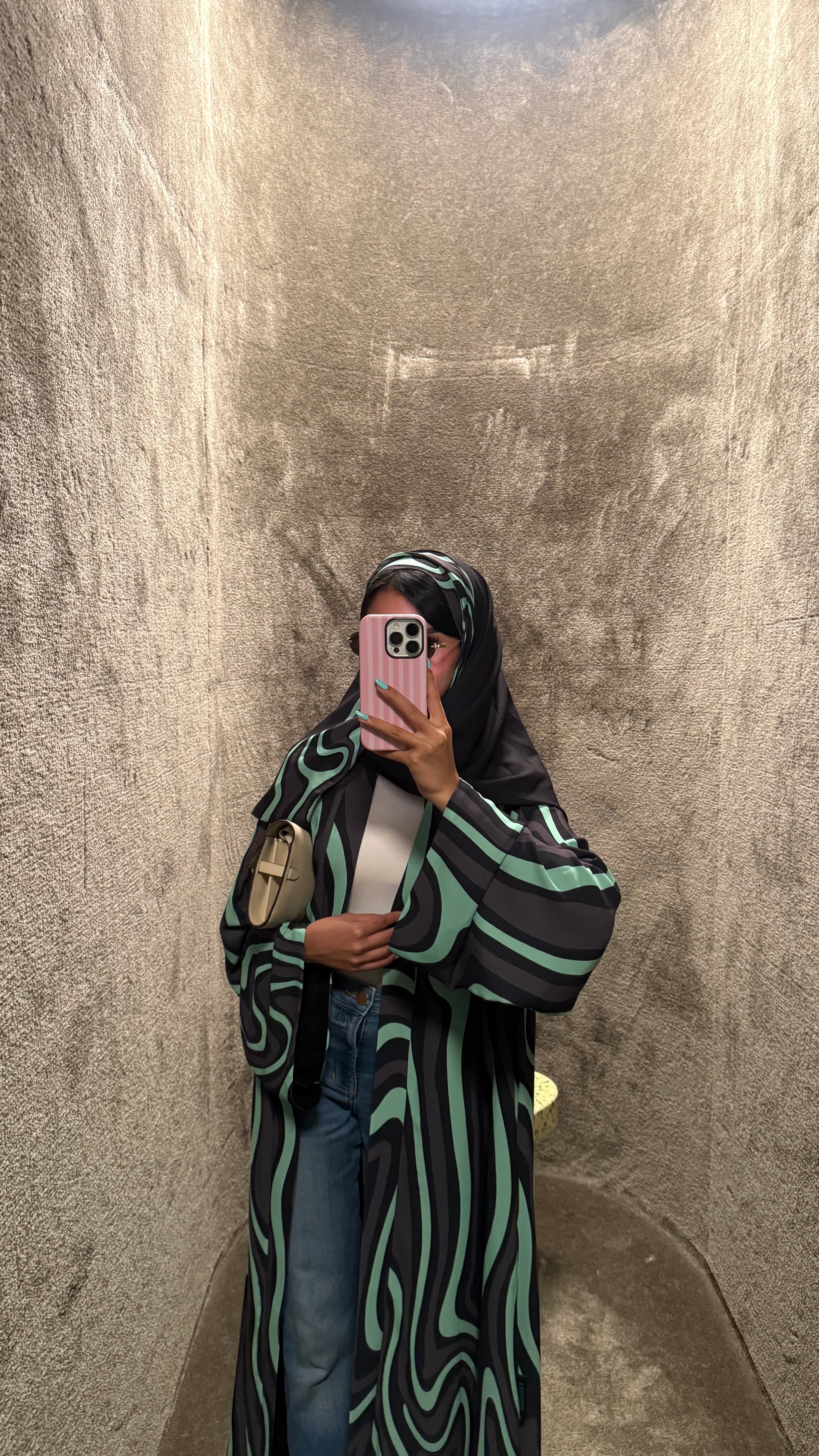 FAB323-Tiffany & Black Printed Abaya and Headscarf – Straight Cut