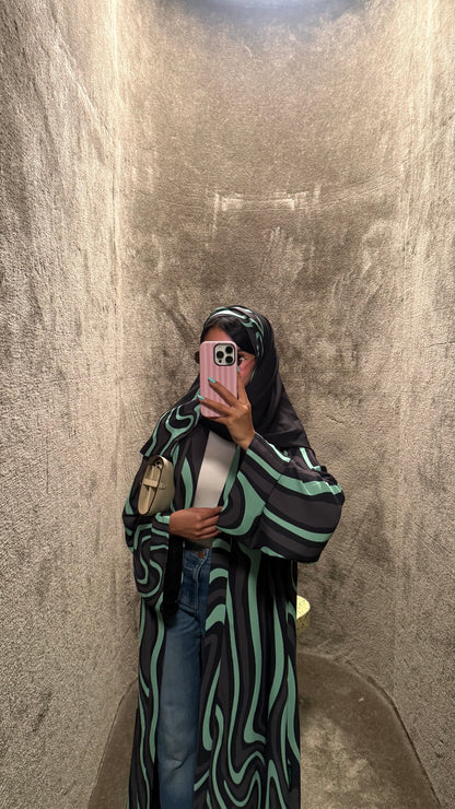 FAB323-Tiffany & Black Printed Abaya and Headscarf – Straight Cut