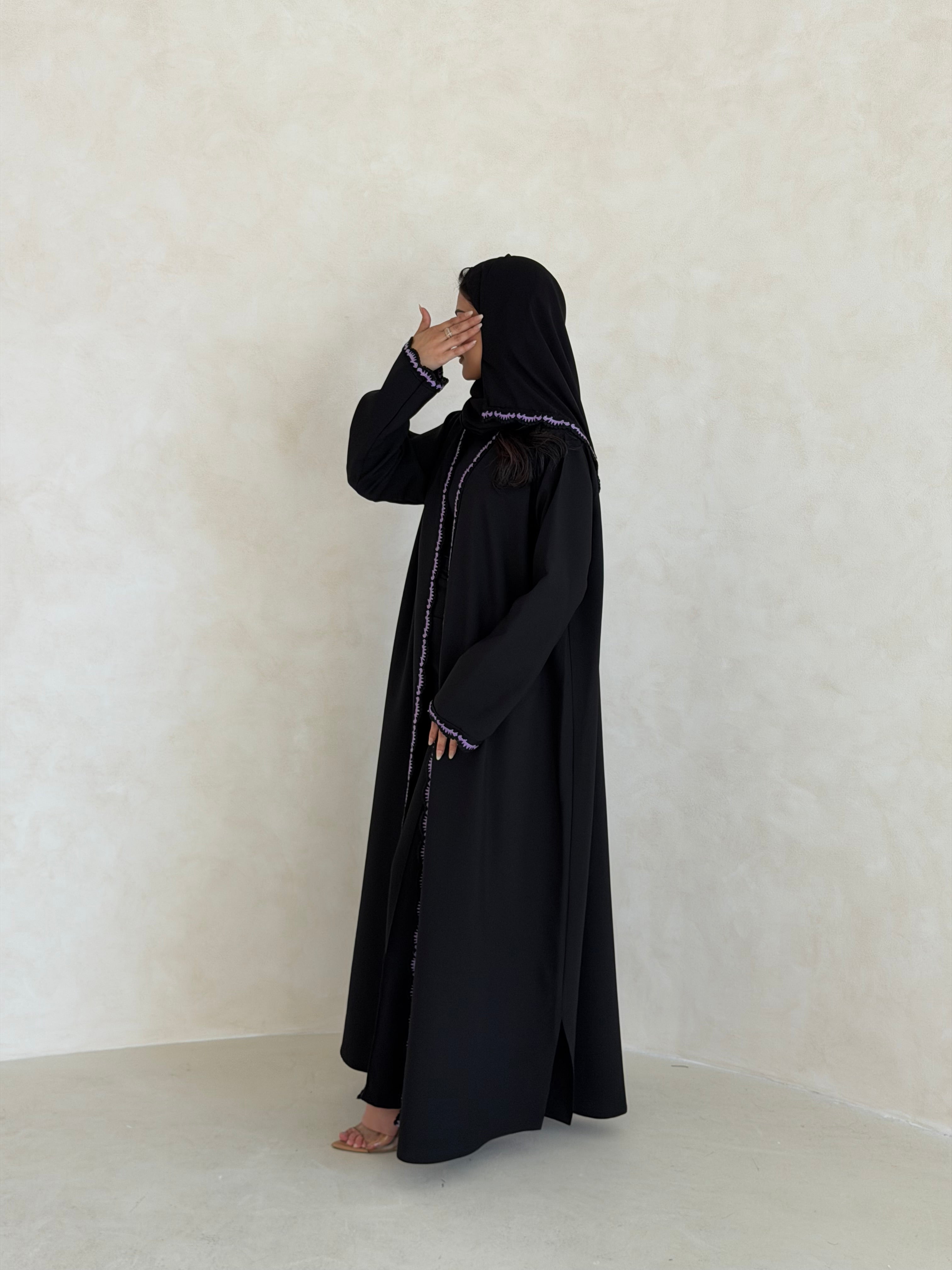 FAB348- Purple Crochet Black Crepe Klosh-Cut Abaya with Headscarf