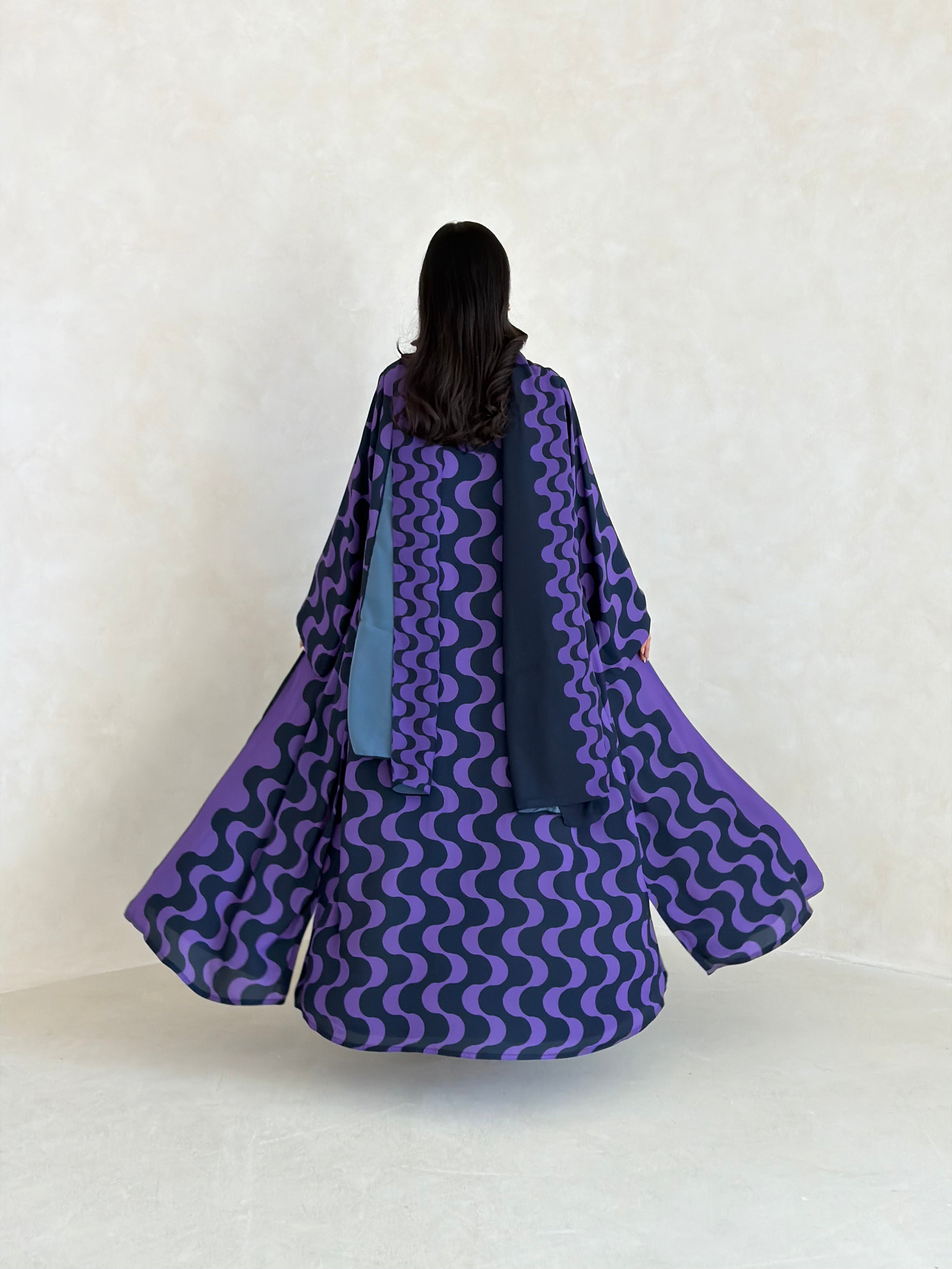 FAB345- Purple Blue Waves Printed Straight-Cut Abaya and matching headscarf