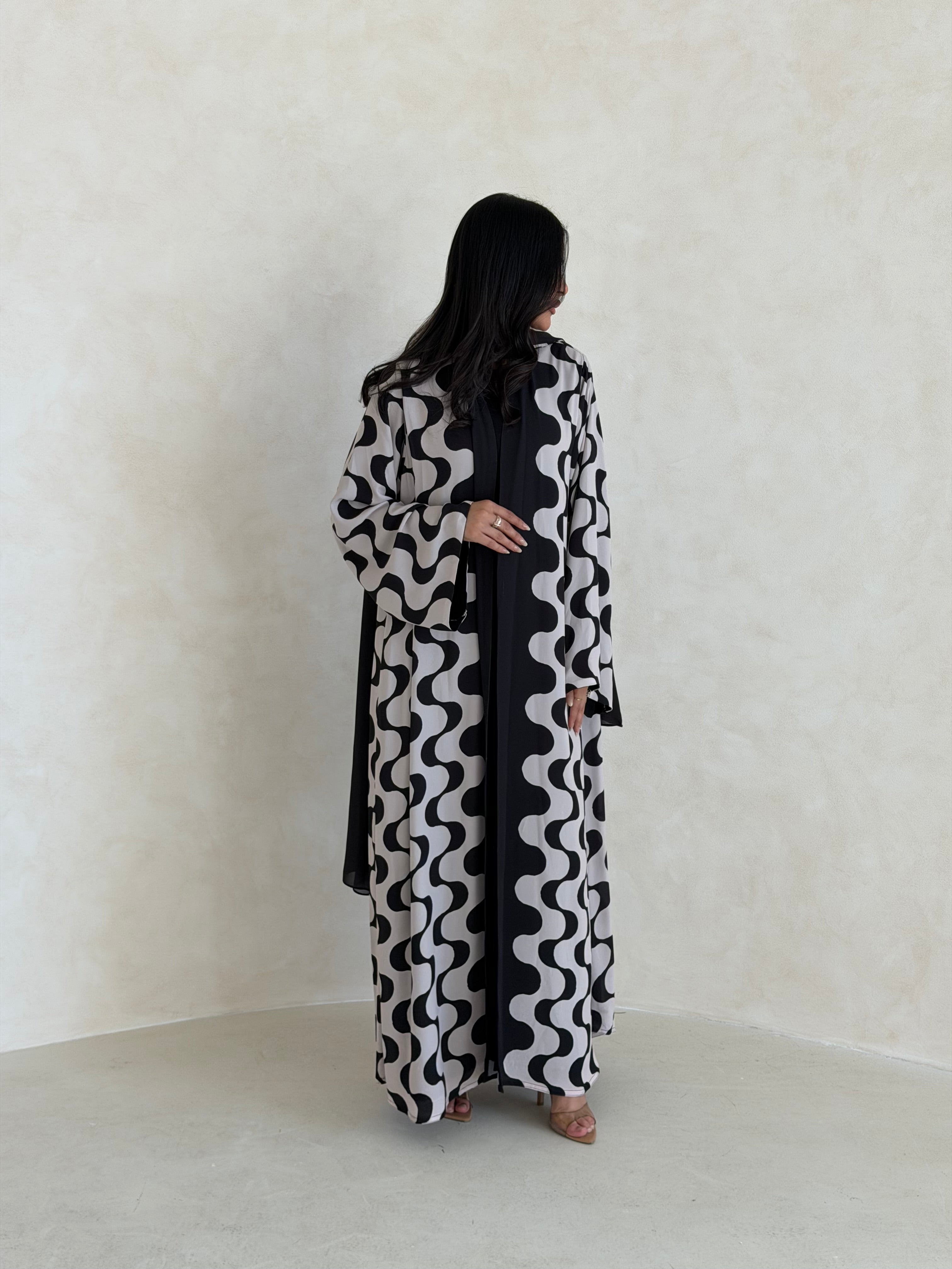 FAB344- White and Black Waves Printed Straight-Cut Abaya and matching headscarf