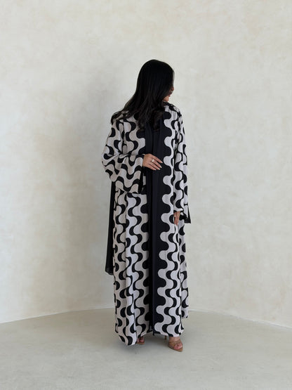 FAB344- White and Black Waves Printed Straight-Cut Abaya and matching headscarf